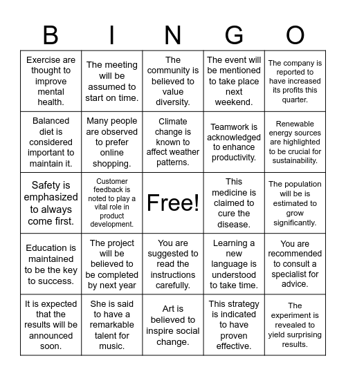 Impersonal Passive Voice Bingo Card