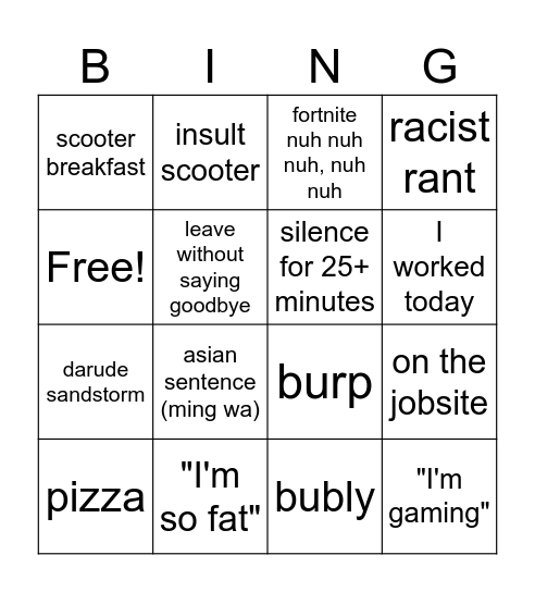Connor Bingo Card