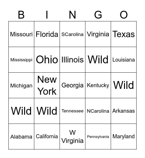 License Plate Bingo Card