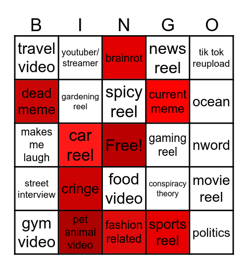 Instagram reel bingo Card