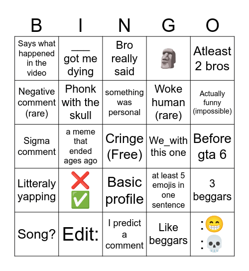 Yt Shorts Bingo Card