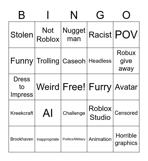 Roblox tiktok Bingo Card