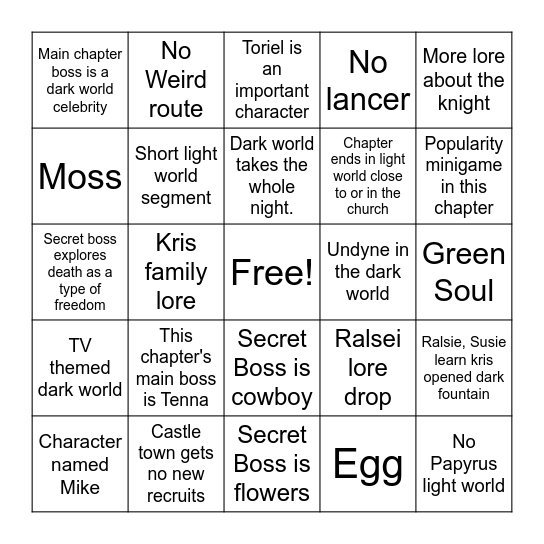 Deltarune Chapter 3 Bingo Card
