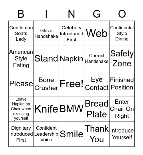 Etiquette Bingo Card
