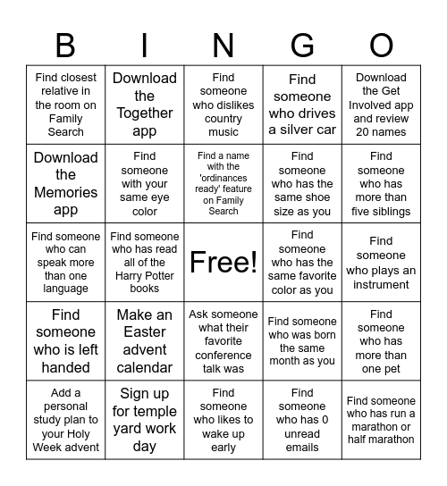 Temple Day Bingo Card