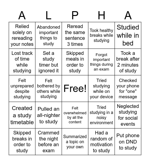 ALPHAS' STUDY BINGO Card