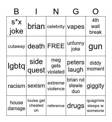 family guy Bingo Card