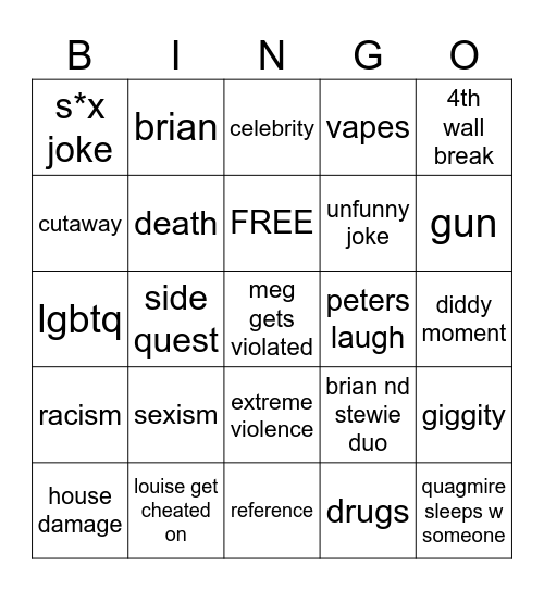 family guy Bingo Card