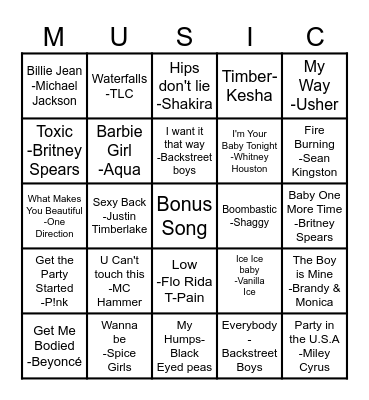 Musical Bingo 90's - 20's Bingo Card