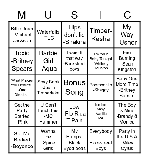 Musical Bingo 90's - 20's Bingo Card