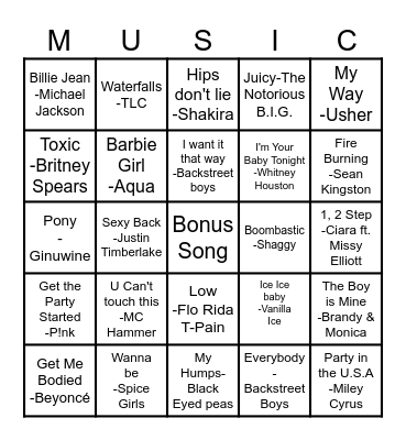 Musical Bingo 90's - 20's Bingo Card