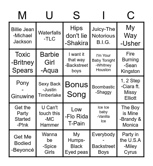 Musical Bingo 90's - 20's Bingo Card