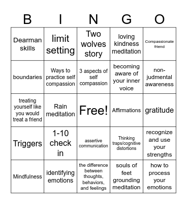Self Compassion Skills Bingo Card