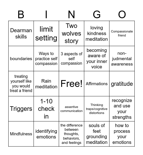 Self Compassion Skills Bingo Card
