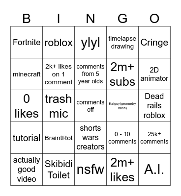 YT Shorts Bingo Card