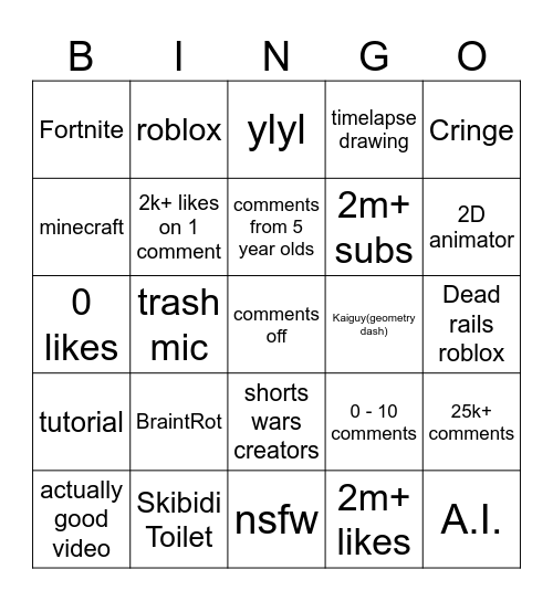 YT Shorts Bingo Card