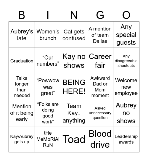 Family Church Bingo Card
