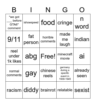 Instagram reels Bingo Card