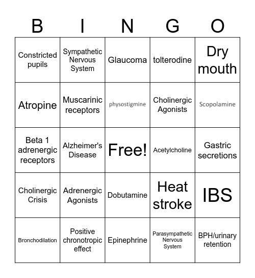 Adrenergics/Cholinergics Bingo Card