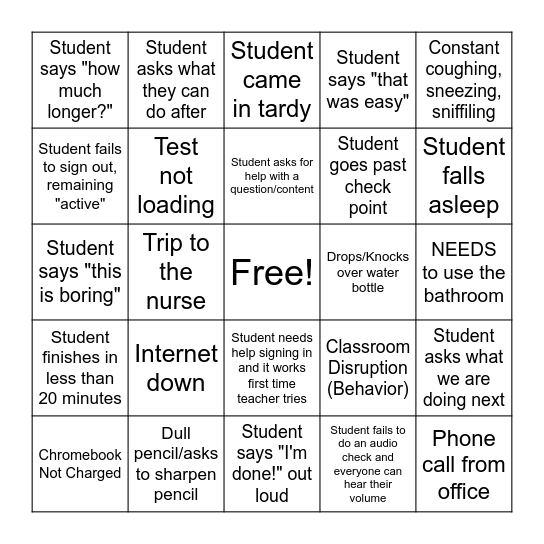 State Testing Bingo Card