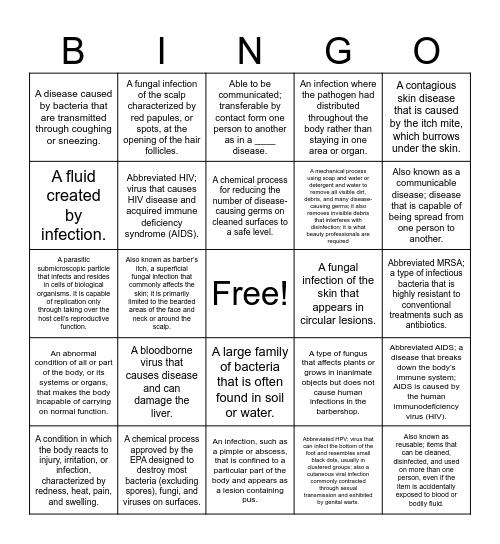 Infection Control Bingo Card