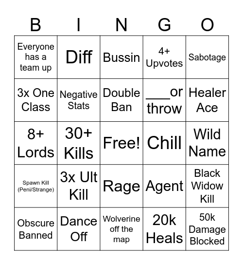 Marvel Rivals Bingo Card
