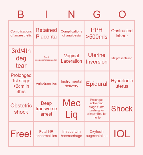 Labour & Birth Referral Guidelines Bingo Card