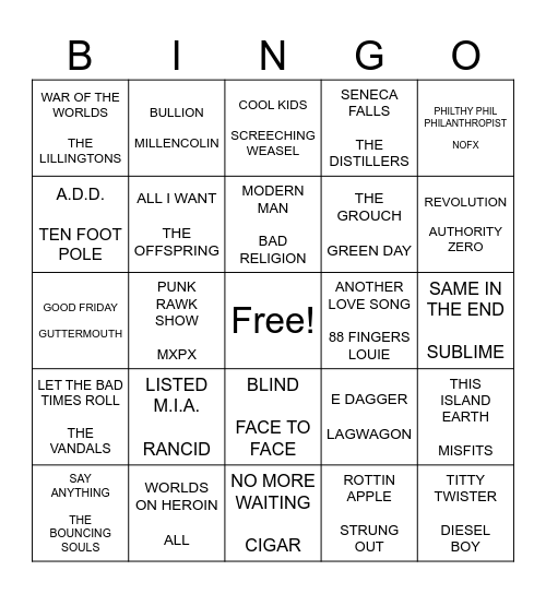 SF PUNK BINGO ROUND 2 Bingo Card