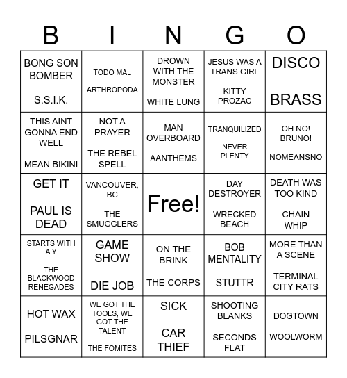 SF PUNK BINGO ROUND 3 Bingo Card