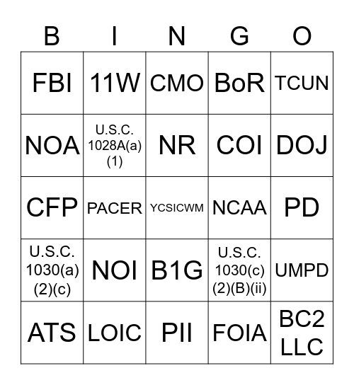 Booger Brothers Bingo --Acronym Edition Bingo Card