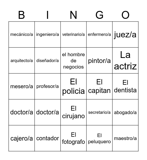 Las profesiones Bingo Card