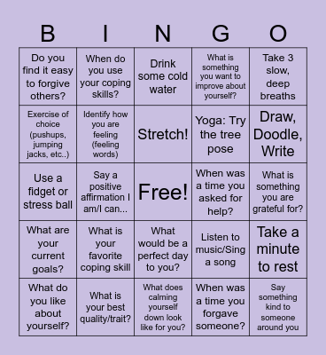Coping Skills Bingo Card