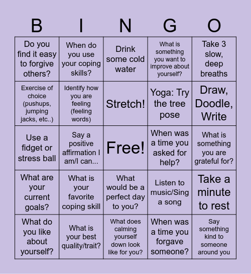Coping Skills Bingo Card