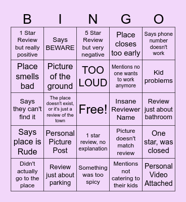 Google Maps Reviews Bingo Card