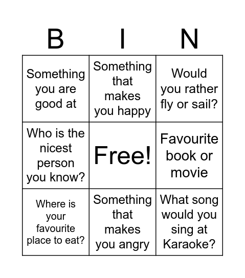 Getting to know you Bingo Card