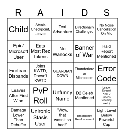 D2 LFG Bingo Card