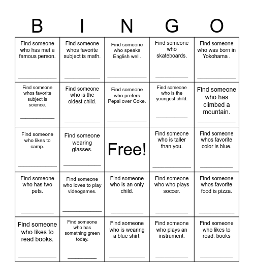 Find Someone Who Bingo Card