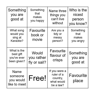 Getting to know you Bingo Card