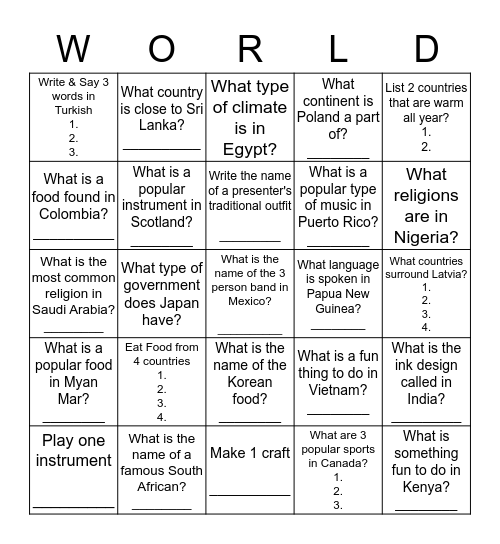 "AROUND THE WORLD IN ONE DAY" CULTURE FAIR Bingo Card