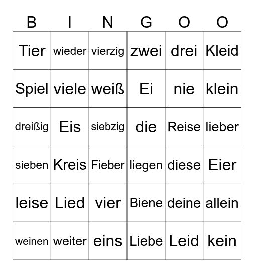 Wörter mit ei und ie Bingo Card