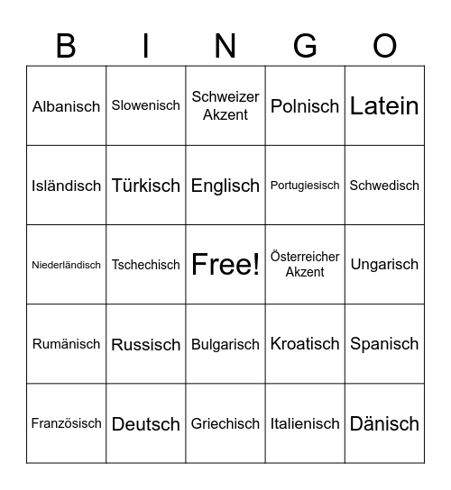 Europa Sprachen Bingo Card