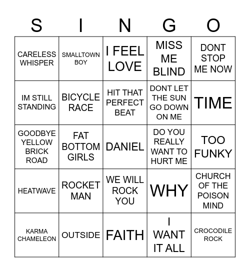 958 FAVOURITE UK SONGS Bingo Card