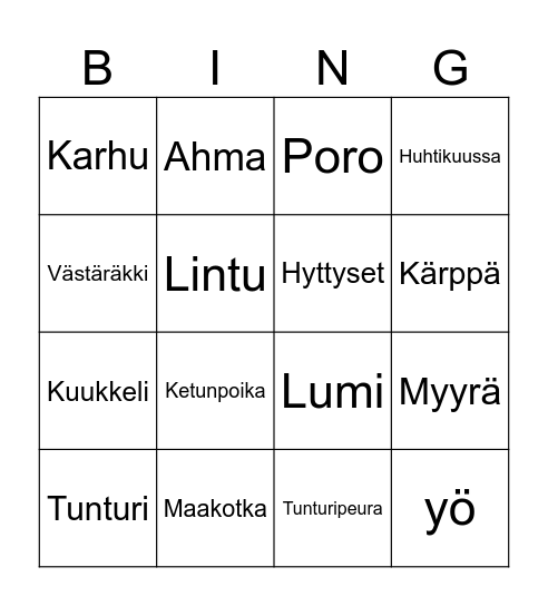 Lapin luonto Bingo Card
