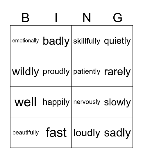 Adverbs Bingo Card