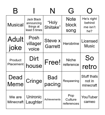 Minecraft Movie Bingo Card