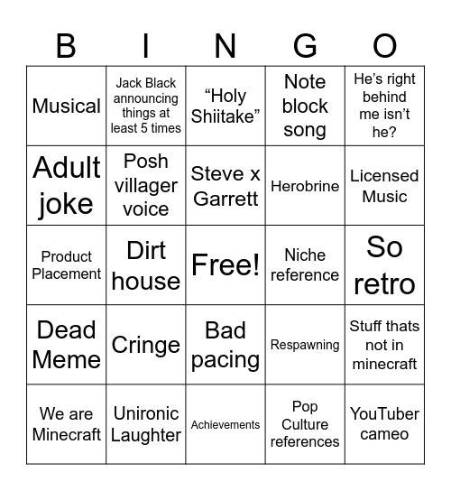 Minecraft Movie Bingo Card