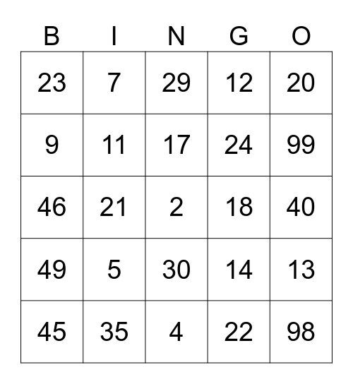 Getallen tot 50 Bingo Card