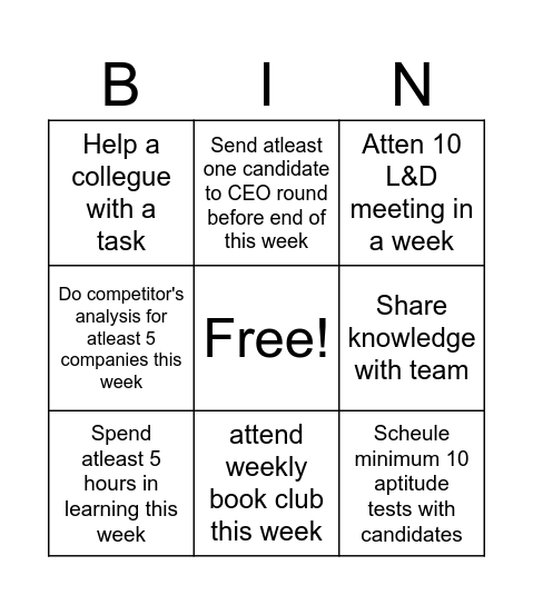 MIO Weekly goals Bingo Card