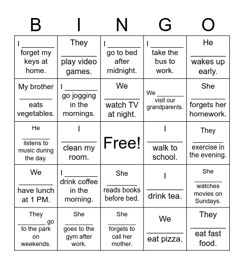 Adverbs of Frequency Bingo Card