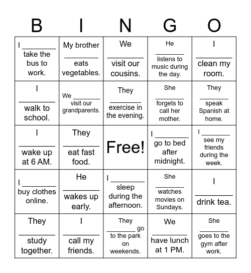 Frequency adverbs Bingo Card